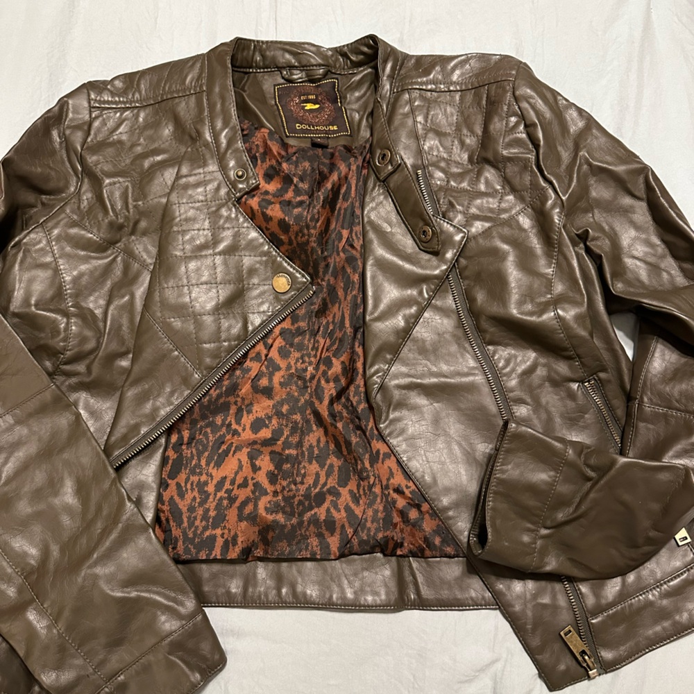 Dollhouse Green Leather Bomber Jacket